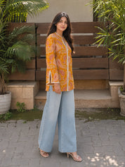 Mustard Paisley Printed Cotton Short Kurti