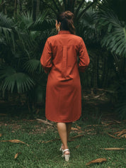 Rust Orange Floral Appliqué Cotton Shirt Dress