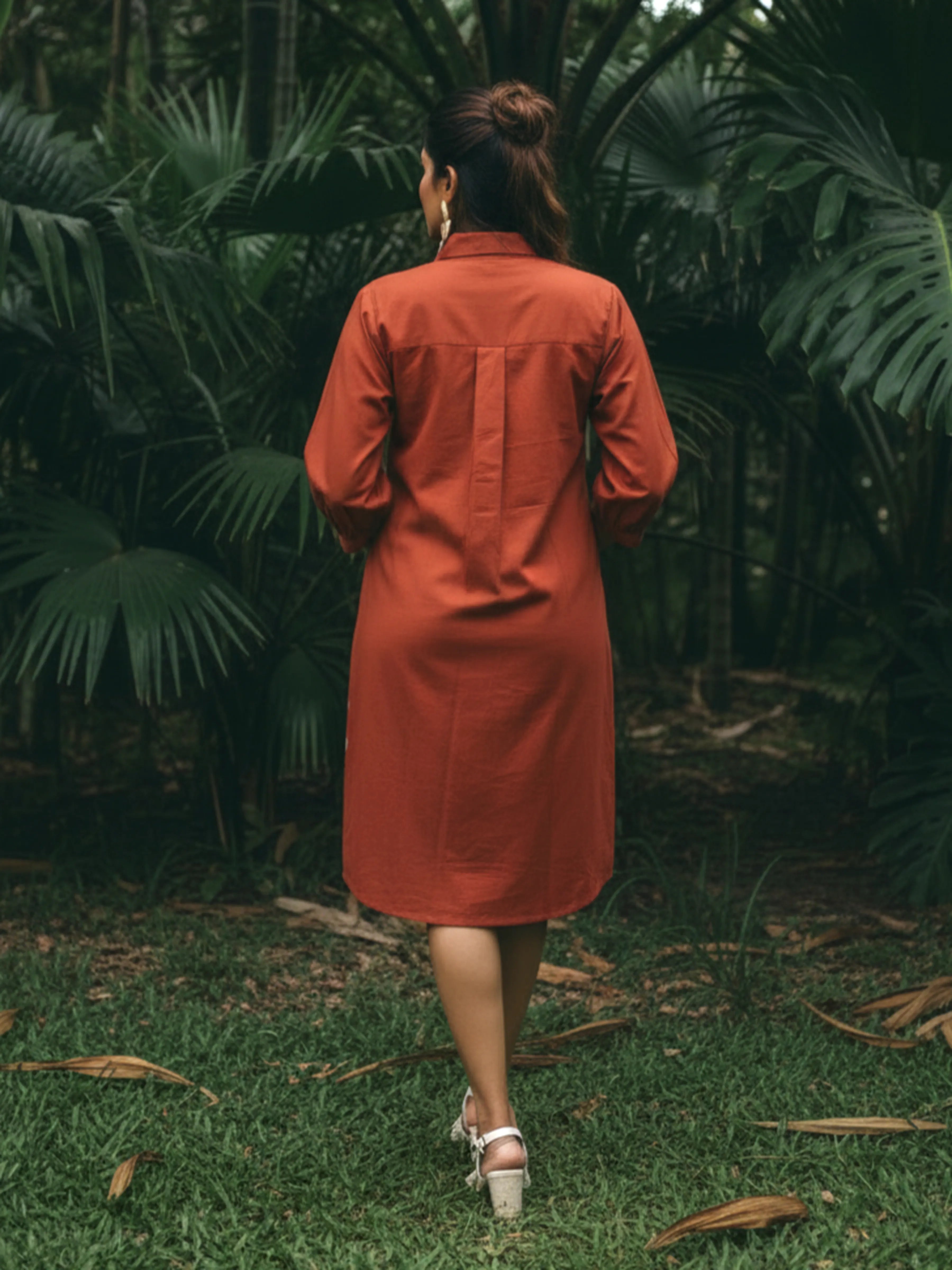 Rust Orange Floral Appliqué Cotton Shirt Dress