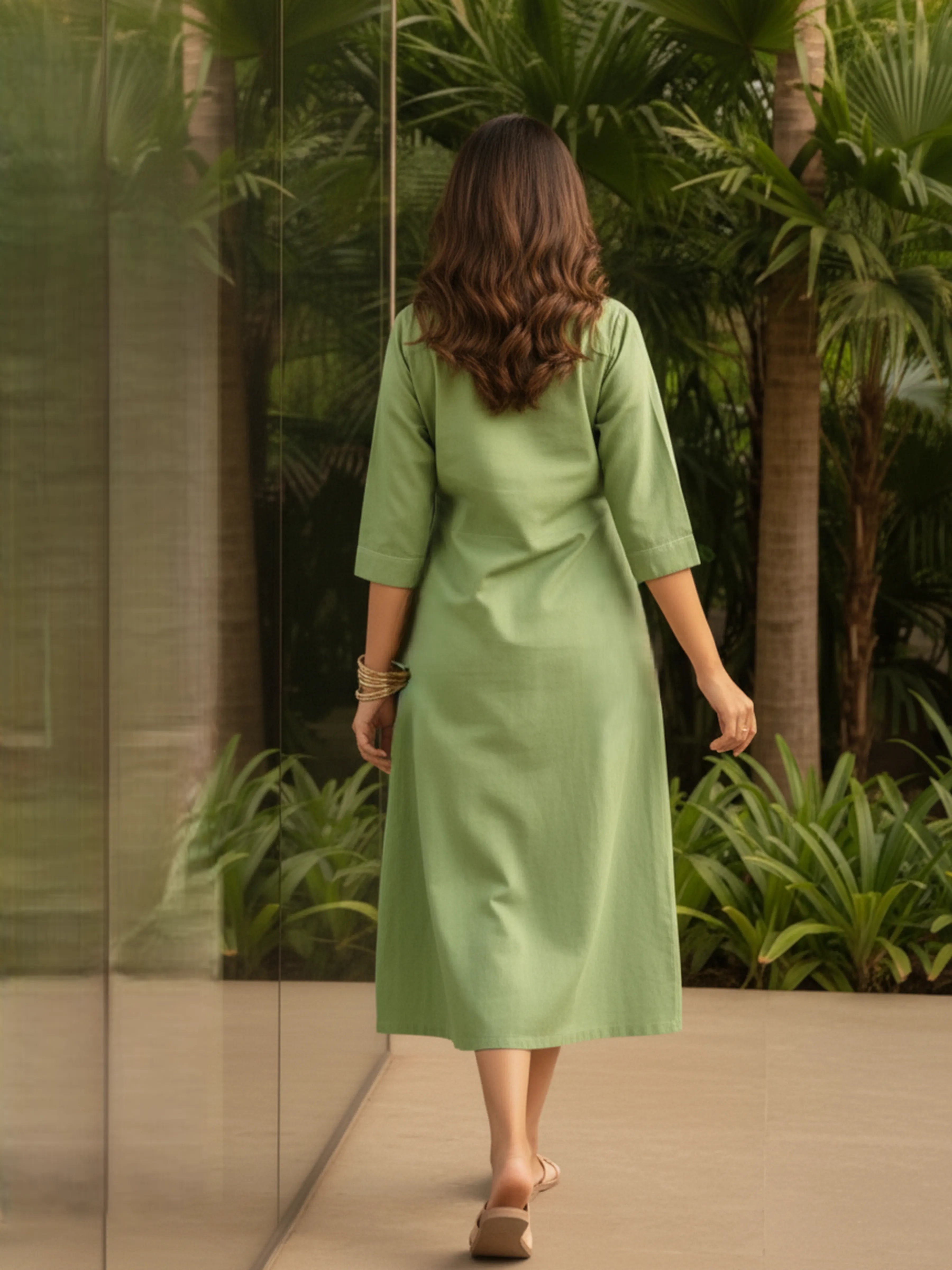 Pastel Green Shirt Dress with Printed Pocket Detail in Cotton