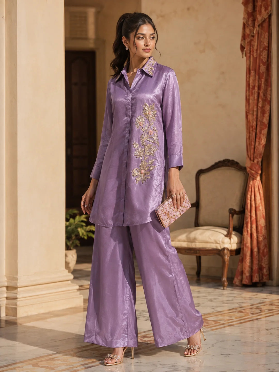 Lavender Sequin Embroidered Front-Slit Co-Ord Set in Crepe