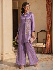 Lavender Sequin Embroidered Front-Slit Co-Ord Set in Crepe