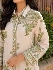 Off White & Sage Shirt with Leaf Motif Print & Cotton Slip in Mul Chanderi