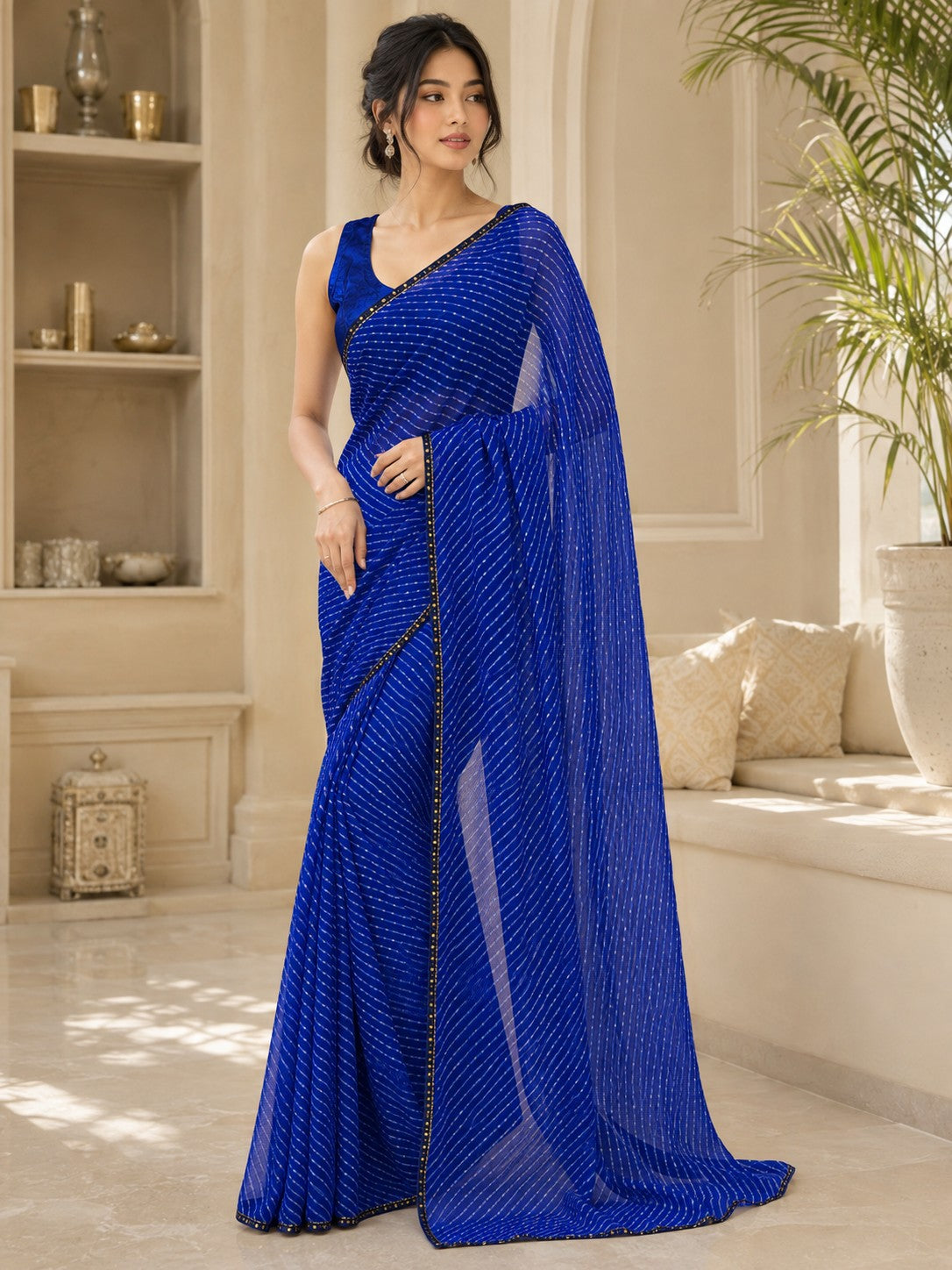Vervee Couture Women Blue Leheriya Georgette Saree with Semi-Stitched Blouse