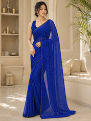 Vervee Couture Women Blue Leheriya Georgette Saree with Semi-Stitched Blouse