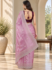 Vervee Couture Women Mauve Embellished Tissue Saree with Semi-Stitched Designer Blouse