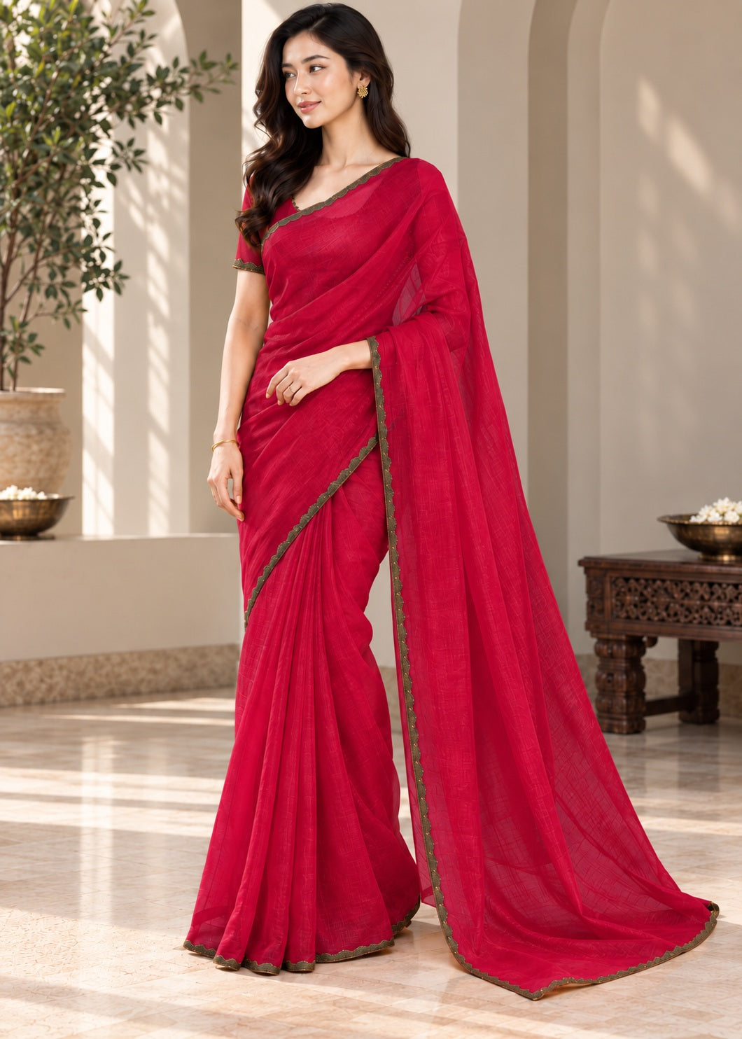 Vervee Couture Women Magenta Solid Tissue Saree