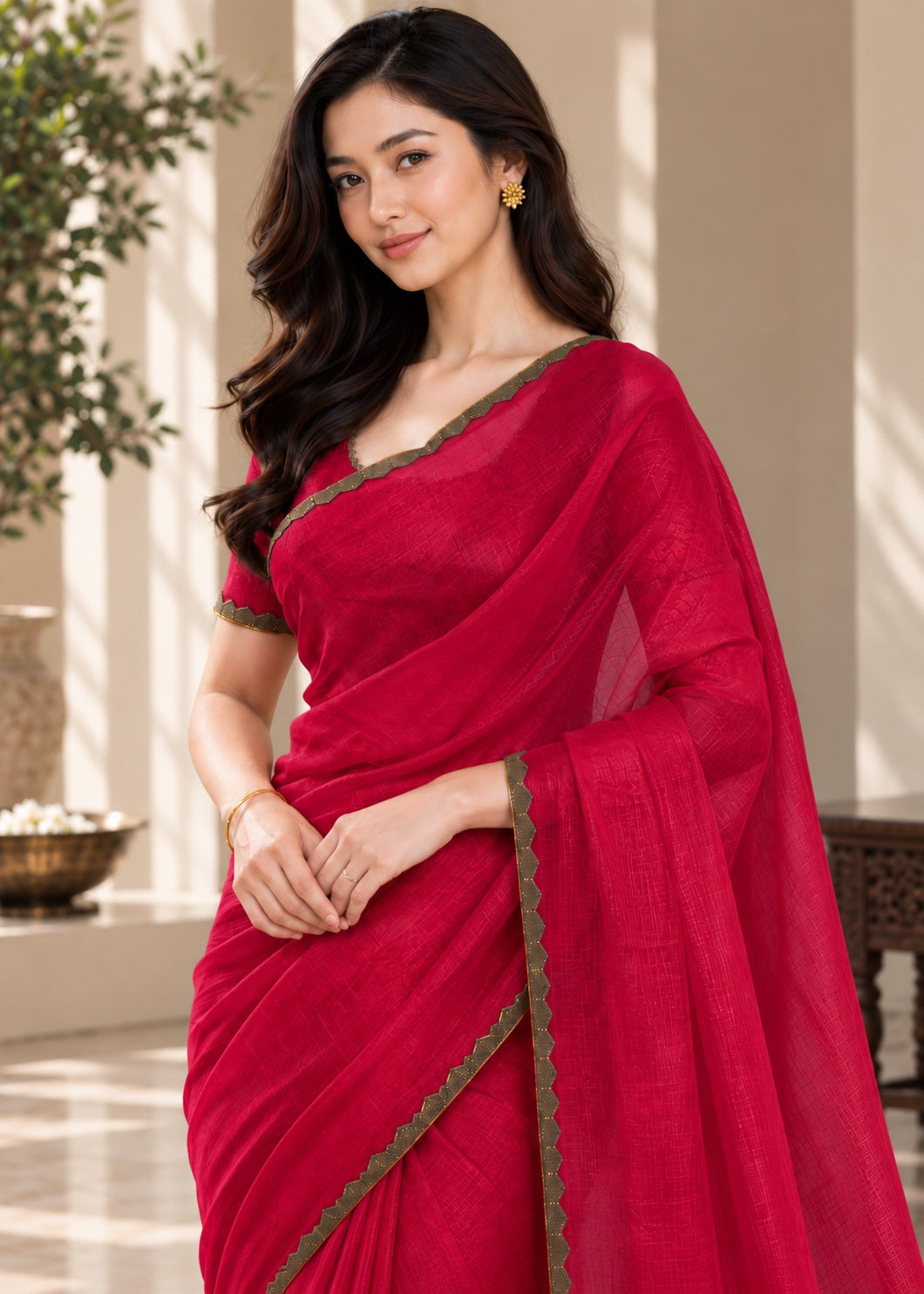 Vervee Couture Women Magenta Solid Tissue Saree