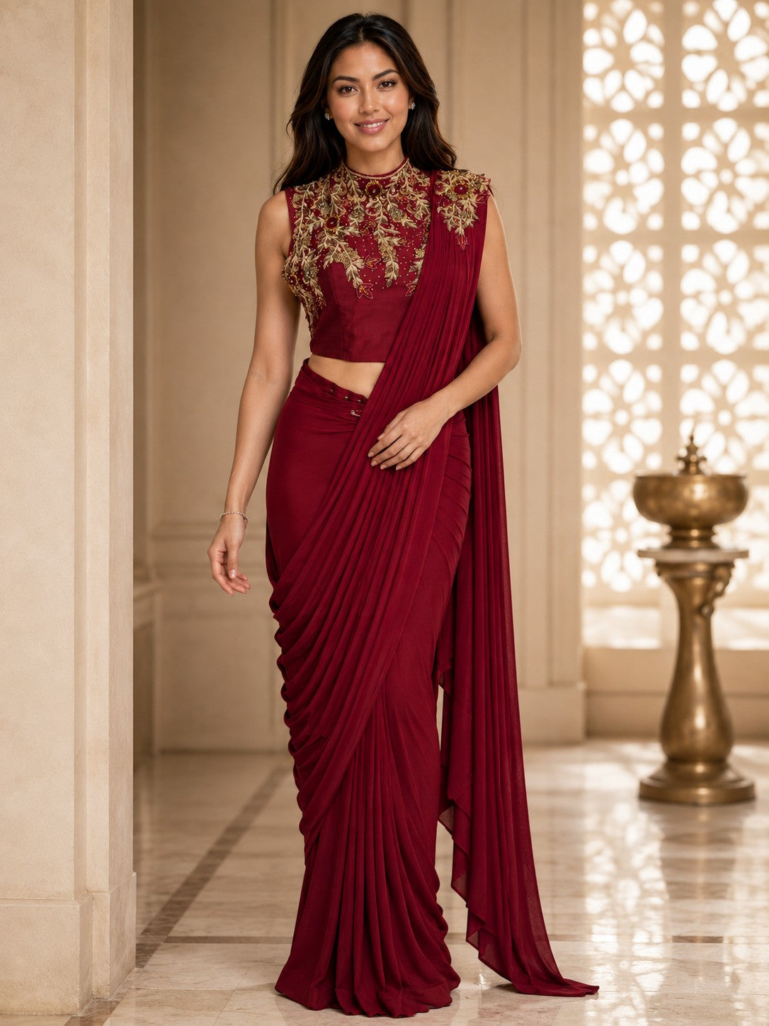 Vervee Couture Women Burgundy Embroidered Ready to Wear Saree