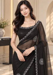 Vervee Couture Women Black Stone Embellished Poly Net Saree