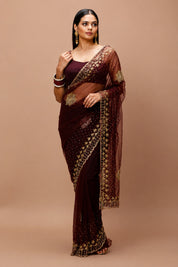 Vervee Couture Women Burgundy Embellished Net Saree with Semi-Stitched Designer Blouse