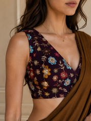 Vervee Couture Women Brown Satin Saree with Semi-Stitched Designer Blouse