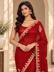 Vervee Couture Women Red Embellished Poly Georgette Saree with Semi-Stitched Designer Blouse