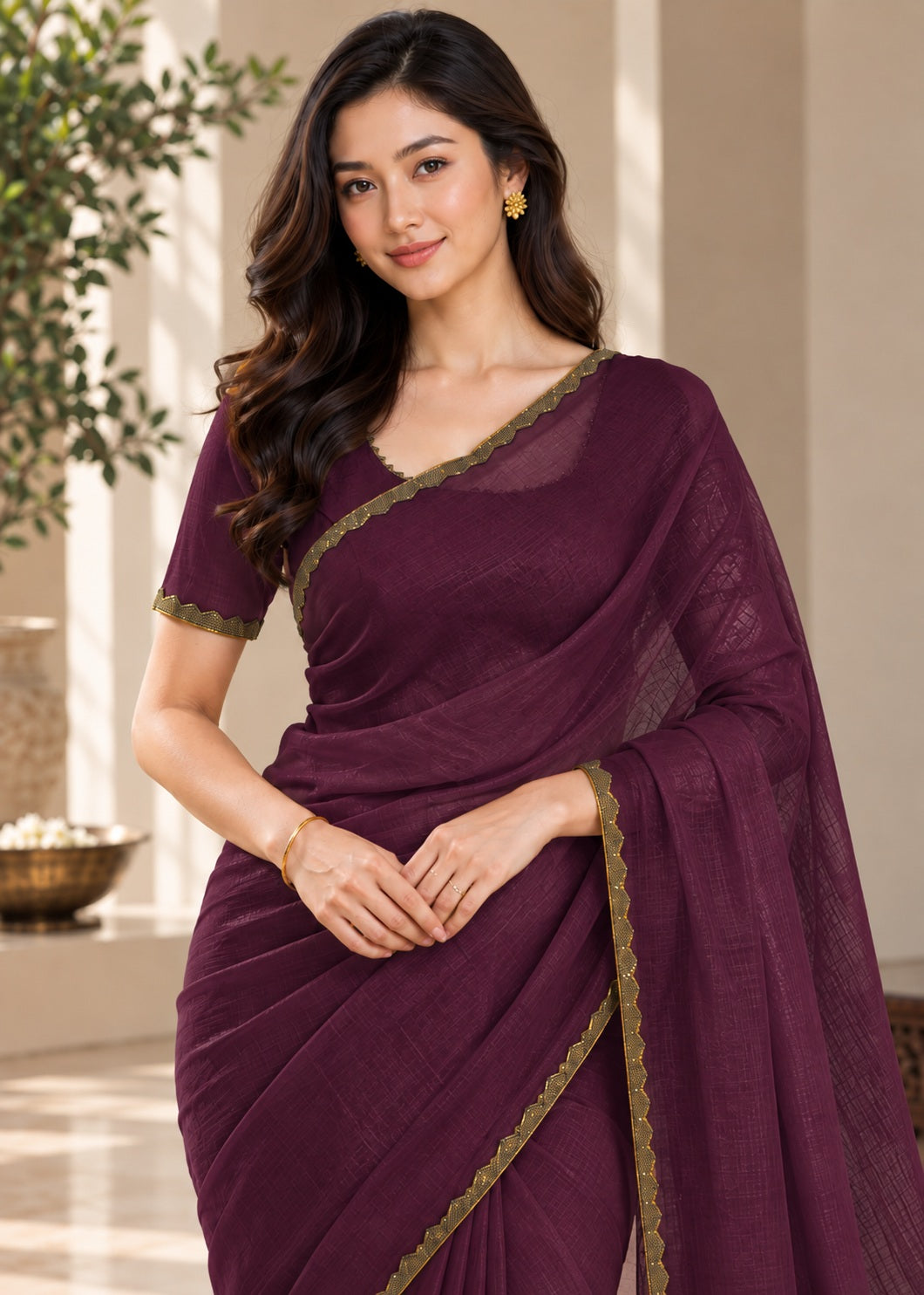 Vervee Couture Women Purple Solid Tissue Saree