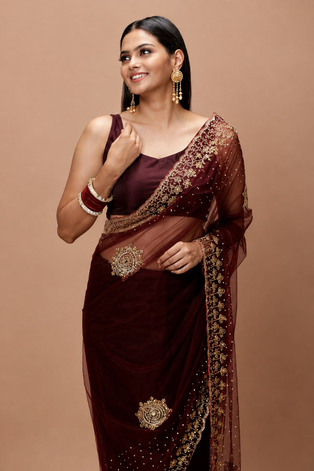 Vervee Couture Women Burgundy Embellished Net Saree with Semi-Stitched Designer Blouse