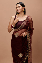 Vervee Couture Women Burgundy Embellished Net Saree with Semi-Stitched Designer Blouse