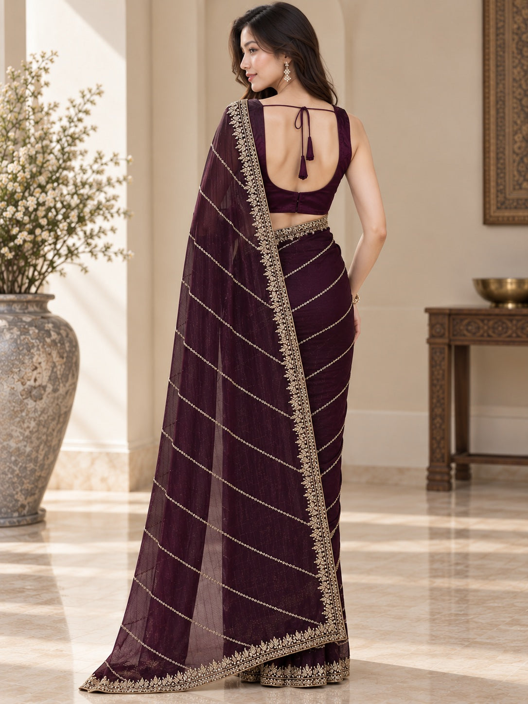 Vervee Couture Women Wine Embellished Poly Georgette Saree with Semi-Stitched Designer Blouse