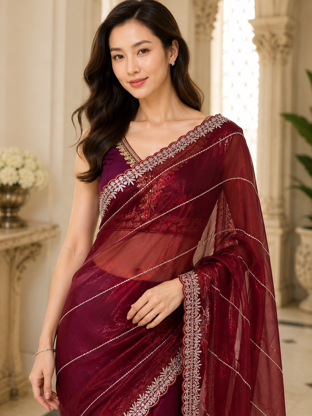 Vervee Couture Women Maroon Embellished Organza Saree with Semi-Stitched Designer Blouse