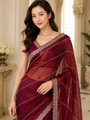 Vervee Couture Women Maroon Embellished Organza Saree with Semi-Stitched Designer Blouse