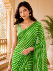 Vervee Couture Women Green Leheriya Georgette Saree with Semi-Stitched Blouse