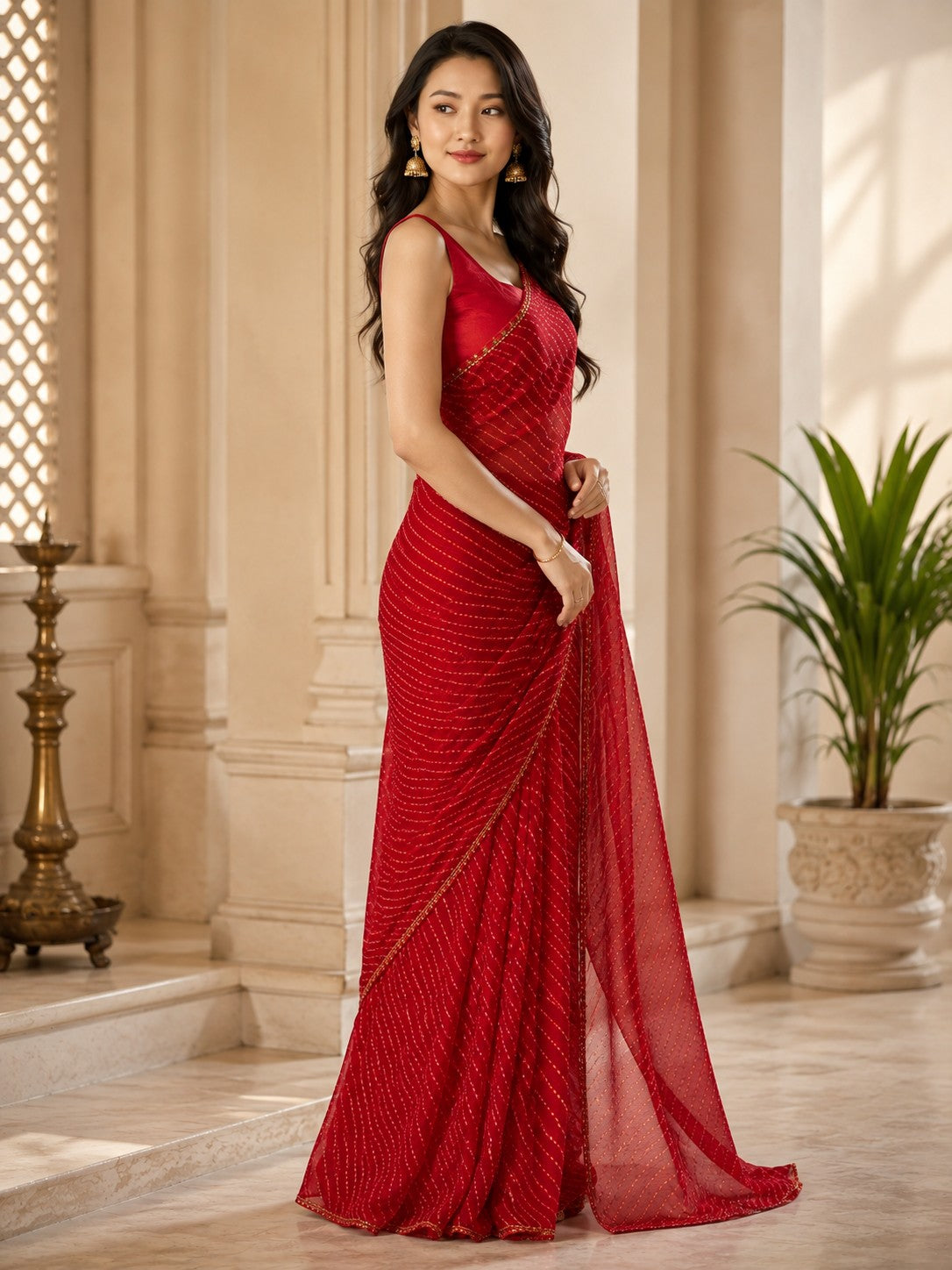 Vervee Couture Women Red Leheriya Georgette Saree with Semi-Stitched Blouse