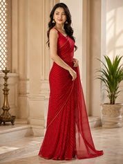 Vervee Couture Women Red Leheriya Georgette Saree with Semi-Stitched Blouse