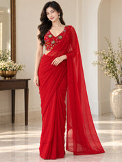 Vervee Couture Women Red Embellished Poly Georgette Saree with Semi-Stitched Designer Blouse