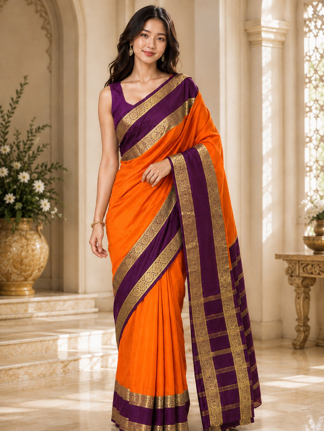 Vervee Couture Women Orange & Purple Woven Design Zari Silk Blend Saree