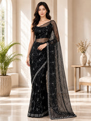 Vervee Couture Women Black Embroidered Poly Net Saree