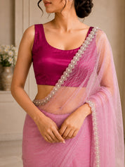 Vervee Couture Women Pastel Pink Embellished Net Saree with Semi-Stitched Designer Blouse