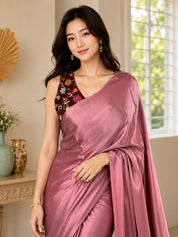 Vervee Couture Women Dusty Pink Solid Satin Saree with Semi-Stitched Designer Blouse