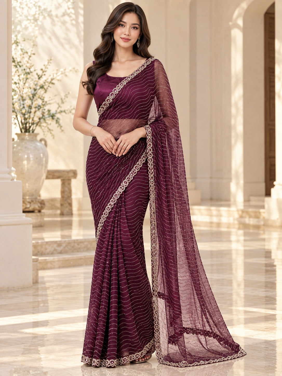 Vervee Couture Women Wine Embellished Net Saree with Semi-Stitched Designer Blouse
