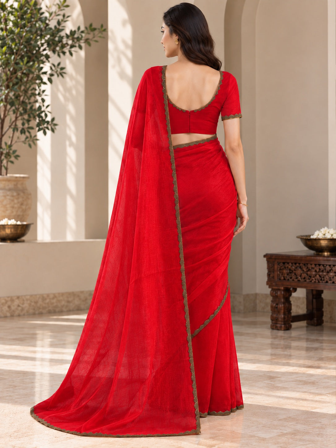 Vervee Couture Women Red Solid Tissue Saree