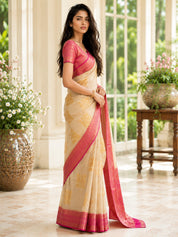 Vervee Couture Women Cream & Pink Ethnic Motifs Woven Design Zari Silk Blend Saree