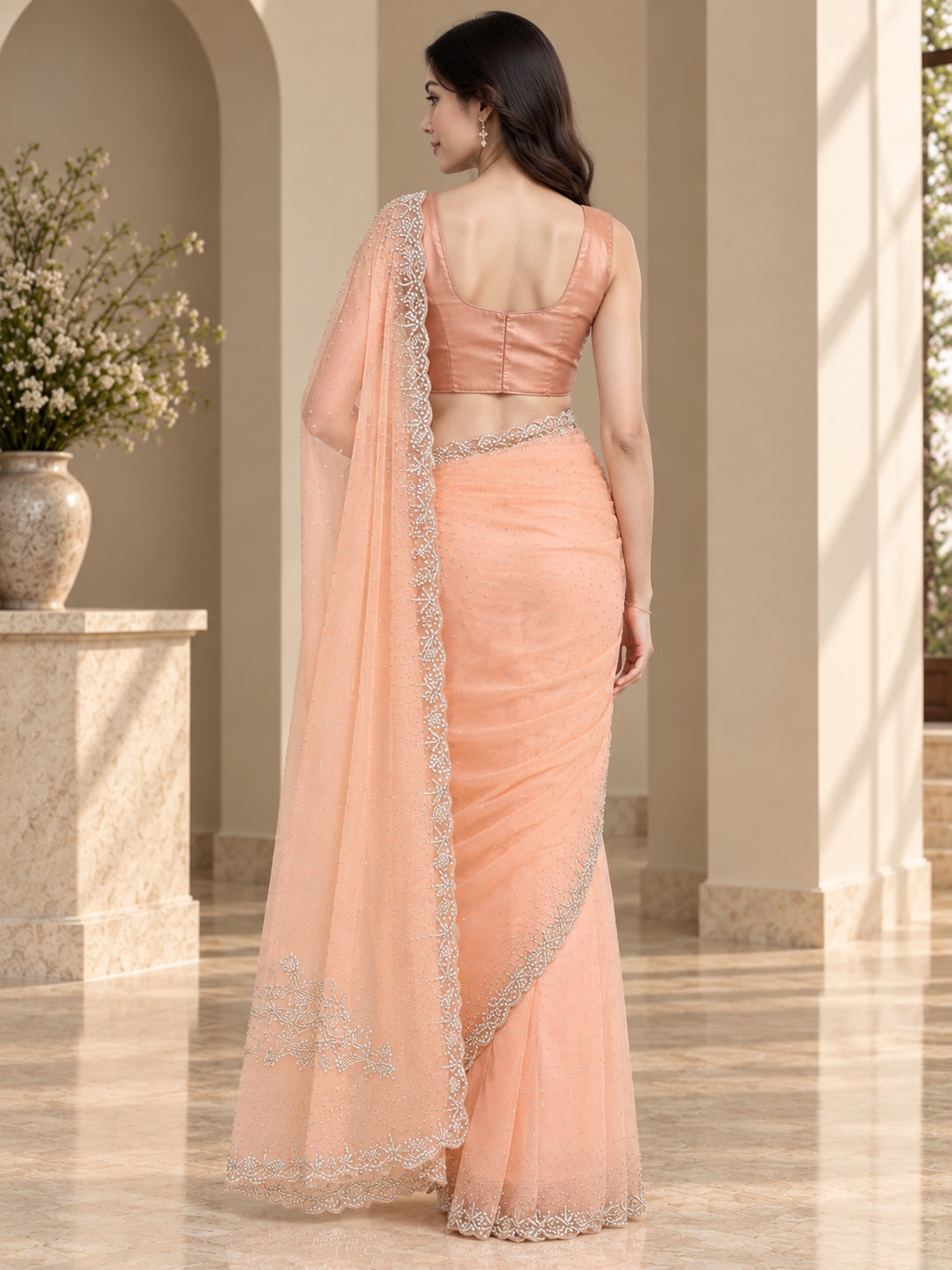 Vervee Couture Women Peach Embellished Net Saree with Semi-Stitched Designer Blouse