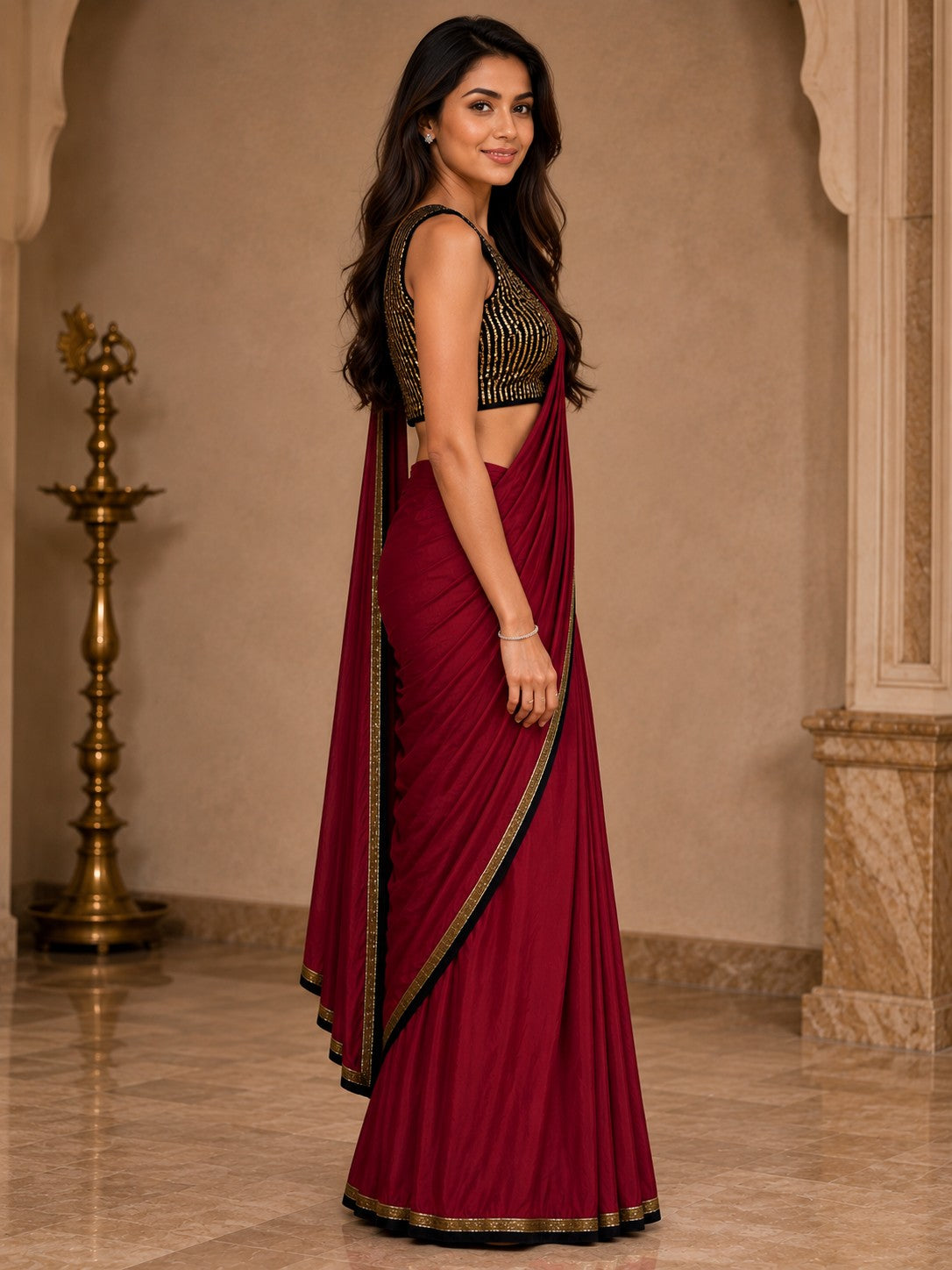 Vervee Couture Women Maroon Sequinned Ready to Wear Saree