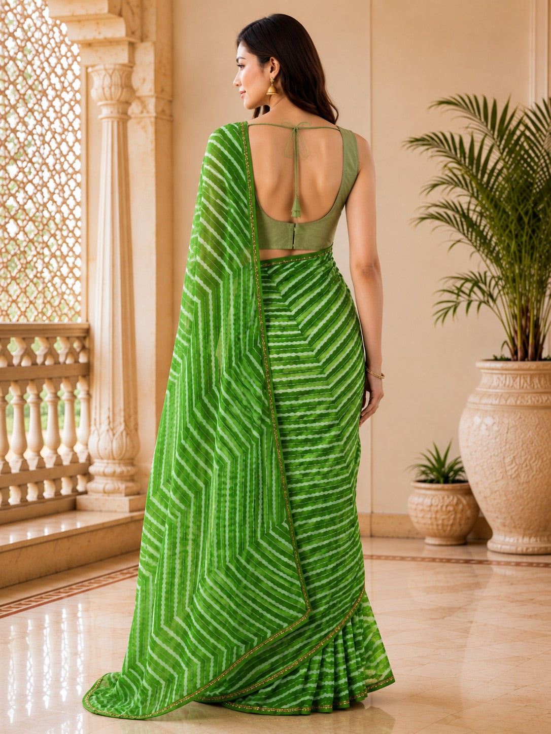 Vervee Couture Women Green Leheriya Georgette Saree with Semi-Stitched Blouse