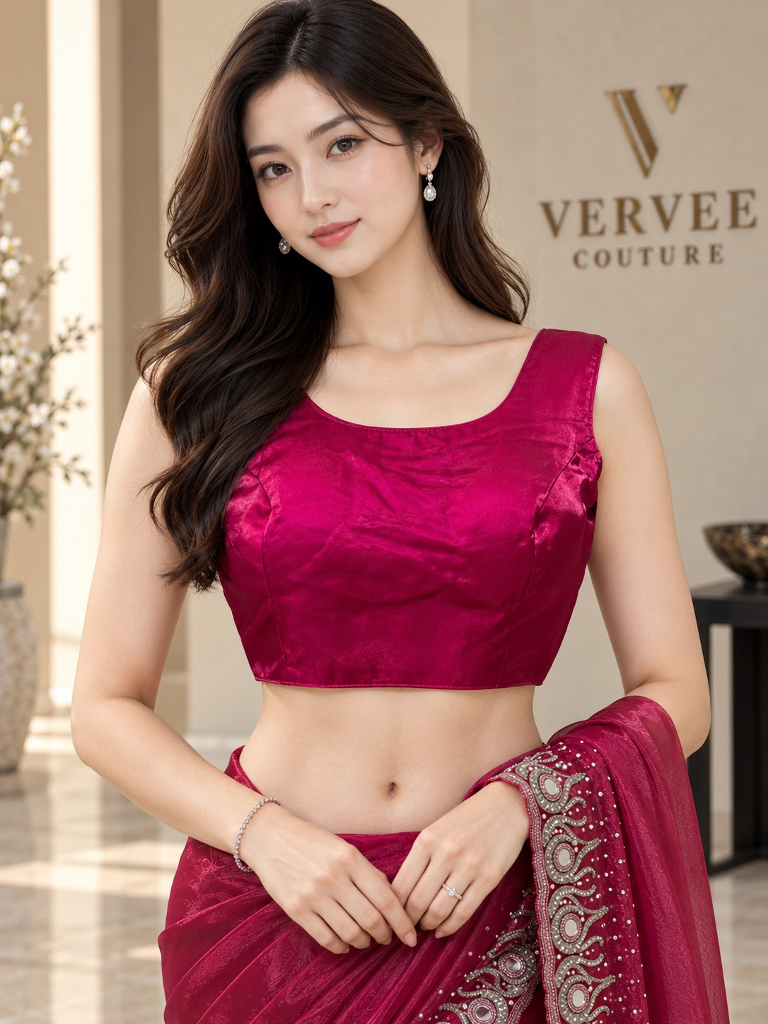 Vervee Couture Women Magenta Embellished Tissue Saree with Semi-Stitched Designer Blouse