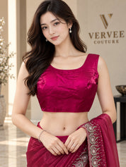 Vervee Couture Women Magenta Embellished Tissue Saree with Semi-Stitched Designer Blouse
