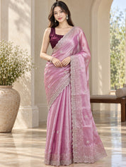 Vervee Couture Women Mauve Embellished Tissue Saree with Semi-Stitched Designer Blouse