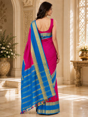 Vervee Couture Women Pink & Blue Woven Design Zari Silk Blend Saree