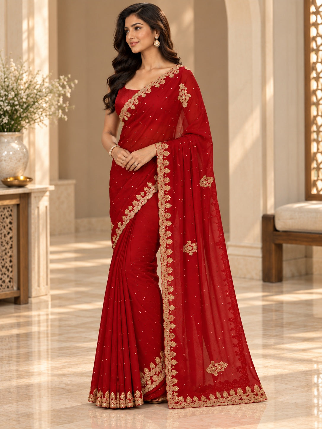Vervee Couture Women Red Embellished Poly Georgette Saree with Semi-Stitched Designer Blouse