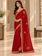 Vervee Couture Women Red Embellished Poly Georgette Saree with Semi-Stitched Designer Blouse