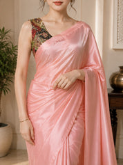 Vervee Couture Women Peach Pink Solid Satin Saree with Semi-Stitched Designer Blouse