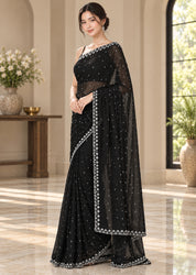 Vervee Couture Women Black Silver Embellished Poly Net Saree