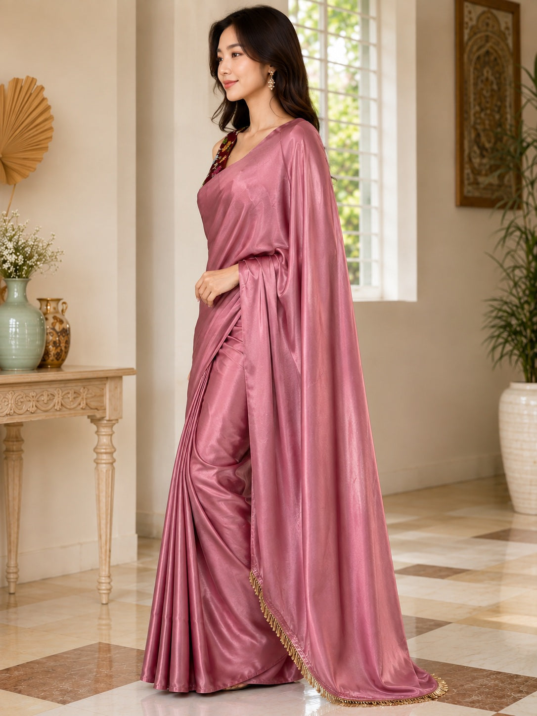 Vervee Couture Women Dusty Pink Solid Satin Saree with Semi-Stitched Designer Blouse