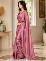 Vervee Couture Women Dusty Pink Solid Satin Saree with Semi-Stitched Designer Blouse