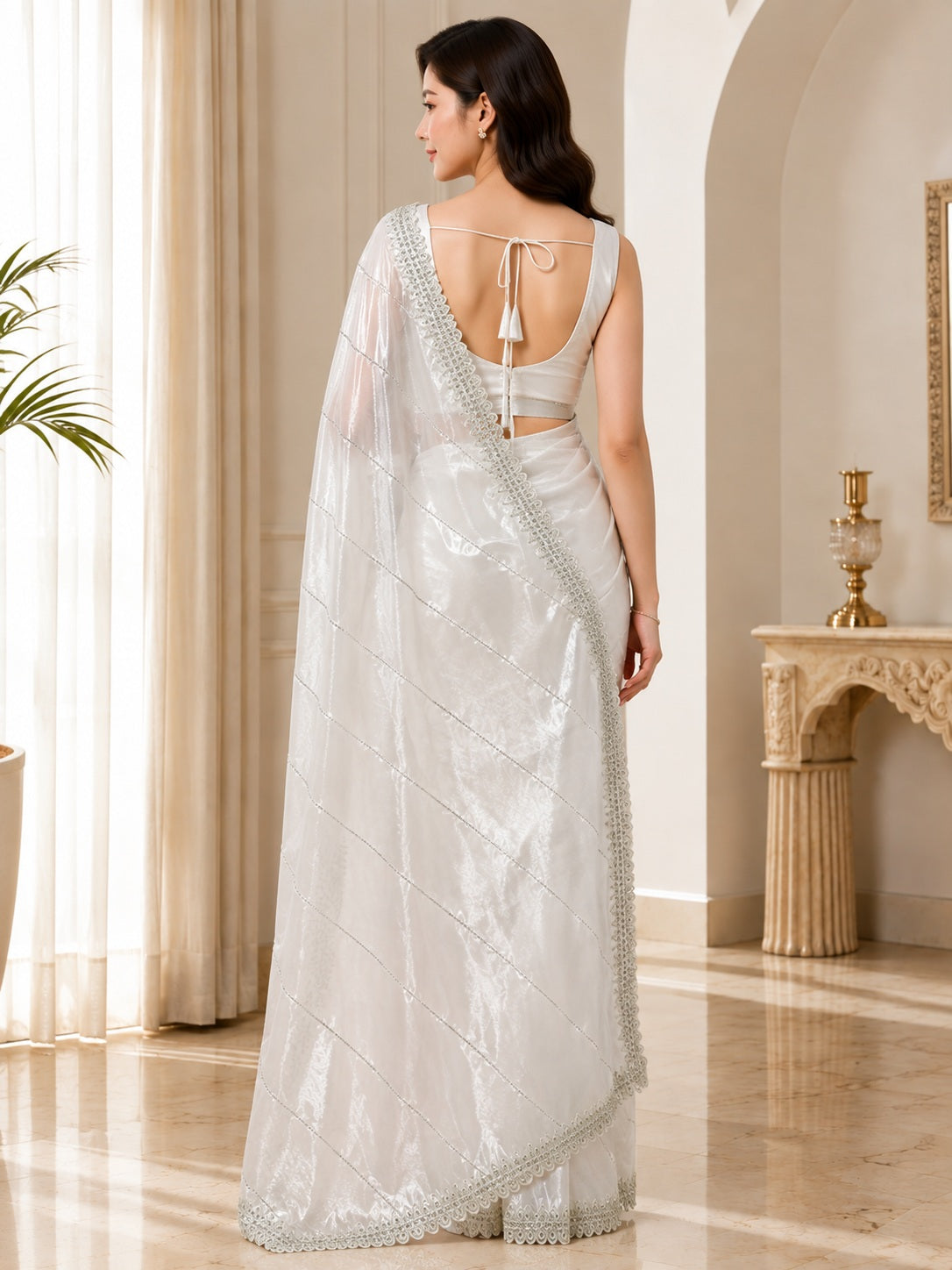 Vervee Couture Women White Embellished Organza Saree with Semi-Stitched Designer Blouse
