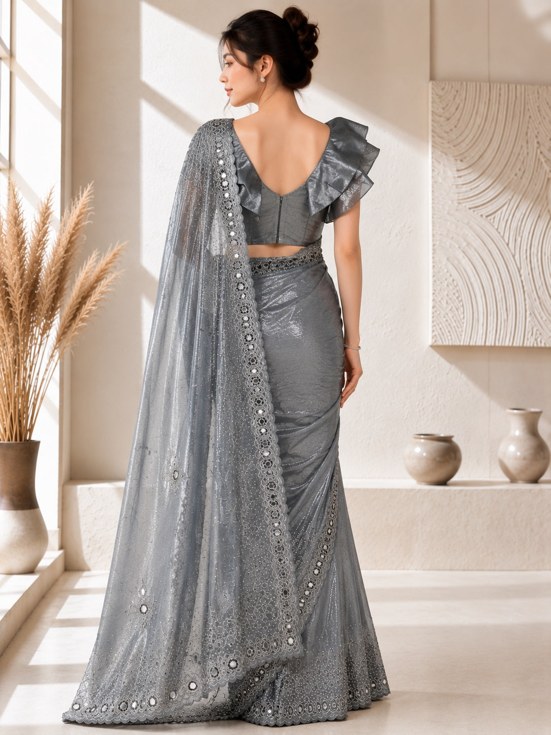 Vervee Couture Women Grey Embellished Organza Saree with Semi-Stitched Designer Blouse