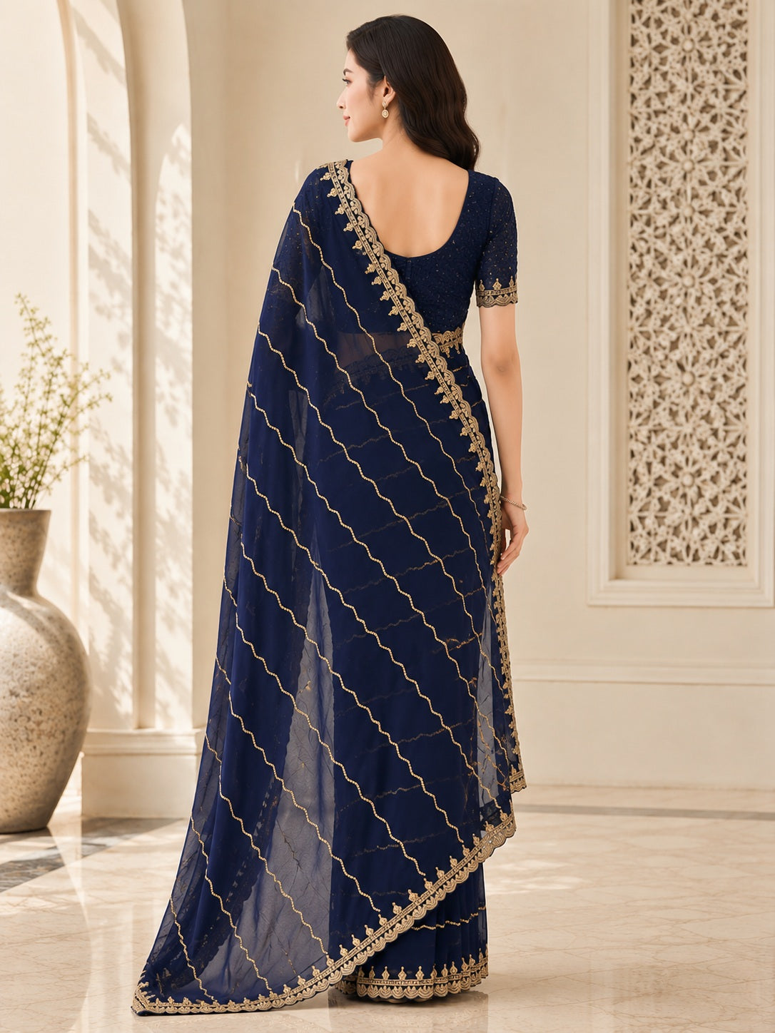 Vervee Couture Women Navy Blue Gold Embellished Poly Georgette Saree